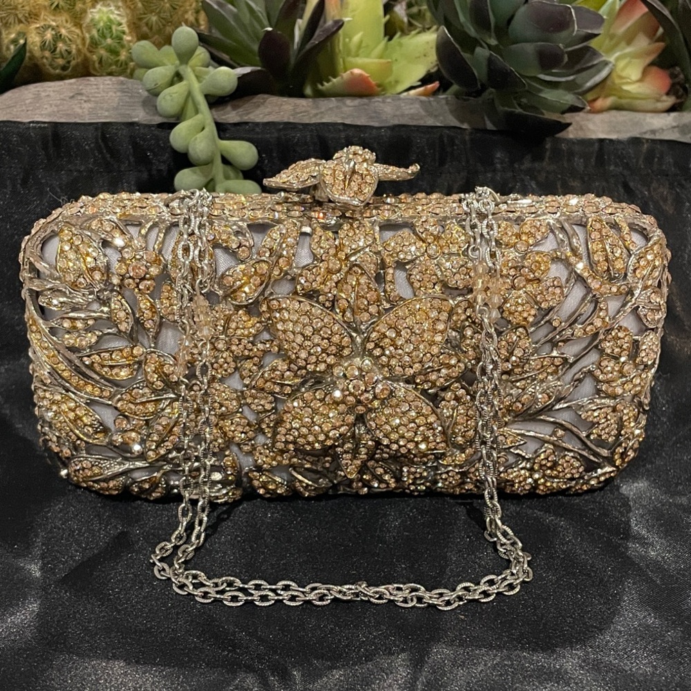 Clara Kasavina Gold Swarovski Crystals Over SilverHandmade Floral & Leaf Clutch